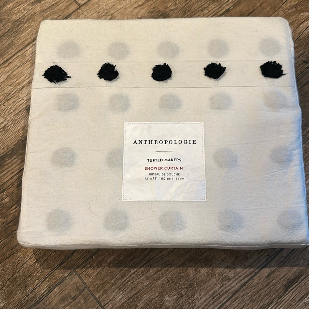 Anthropologie tufted ivory with black dot shower curtain nwot